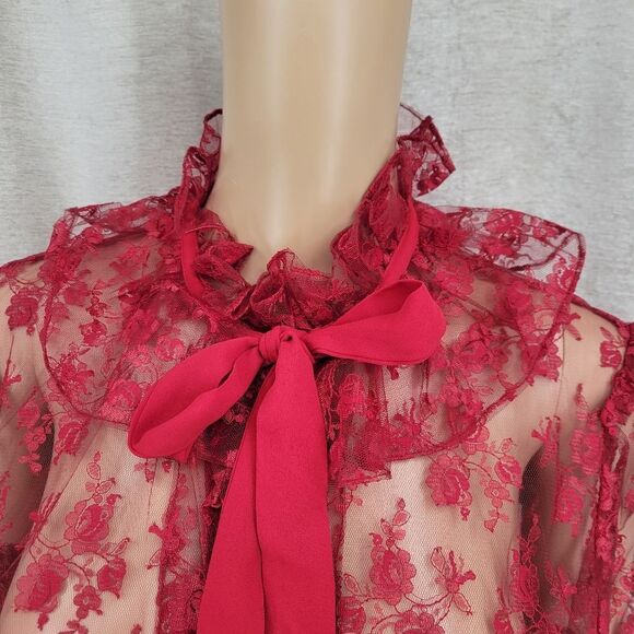 French Cherry Red See Through Lace Coquette Girl Long Sleeves Top Jacket - Picture 9 of 15